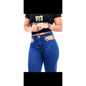 calça com correntinha cintura alta com lycra feminina