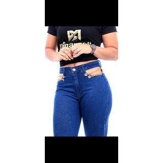 calça com correntinha cintura alta com lycra feminina