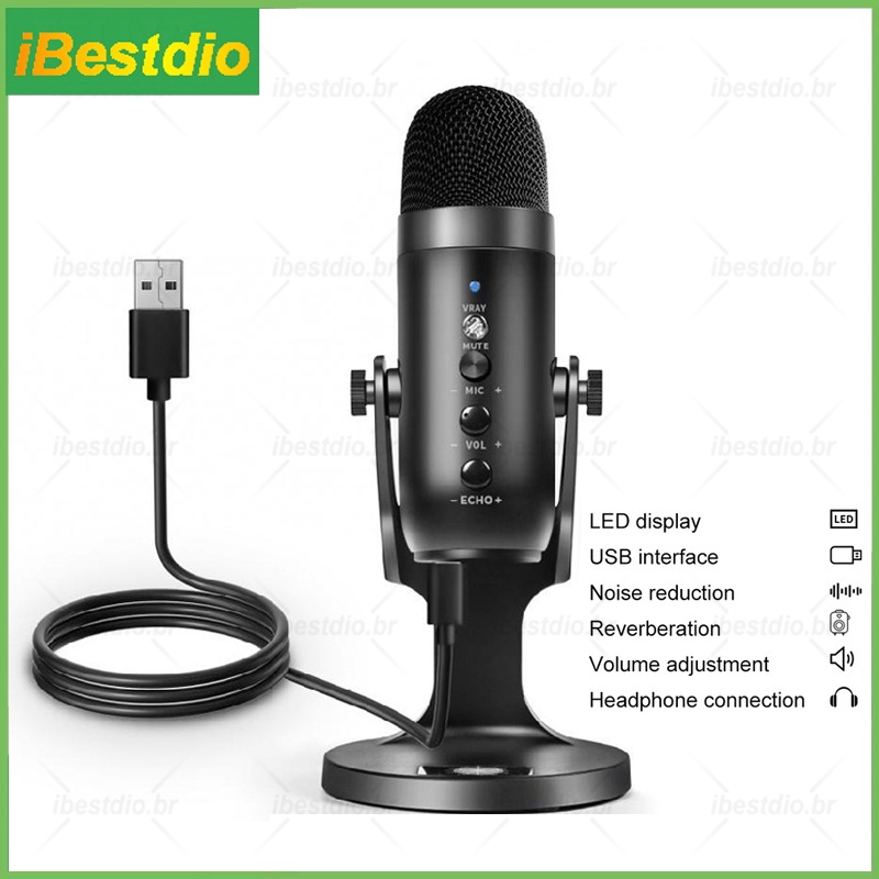 Microfone USB Condensador PC Podcast Streaming Mic Para Laptop/Computador