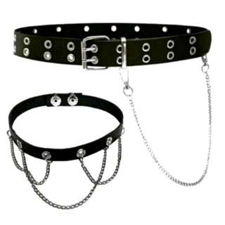 Cinto Punk Rock Ilhós + Gargantilha Choker  fivelinha regulável+ Corrente Simples Cosplay Kpop Egirl Kawaii Gótico em Oferta na Shopee