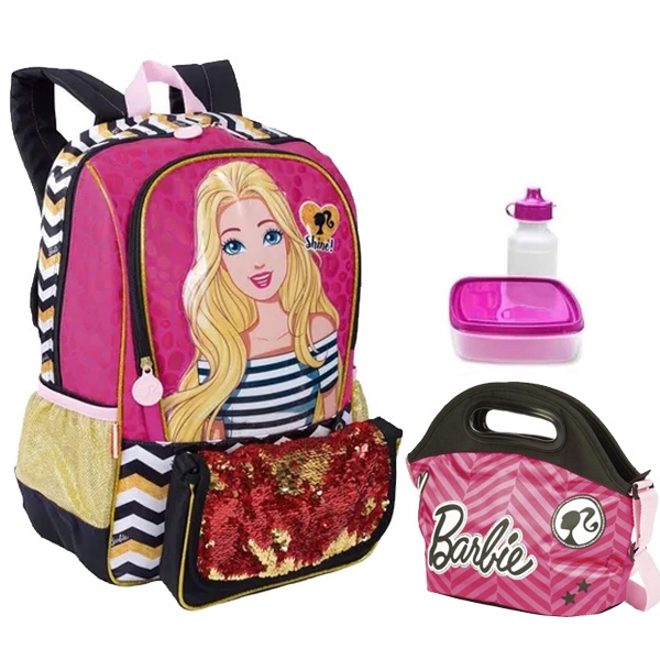 Kit Mochila Barbie Infantil 19z Tam Grande Escolar Costas Lancheira Bolsinha