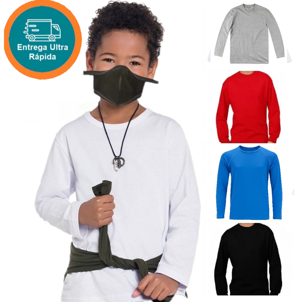 Conjunto 4 Camiseta Básica infantil Menino e Menina Unisex ( Preta, Branca, e Cinza ) Manga Longa 100% algodão - Tamanhos : 1, 2, 3, 4, 6, 8, 10, 12, 14, 16