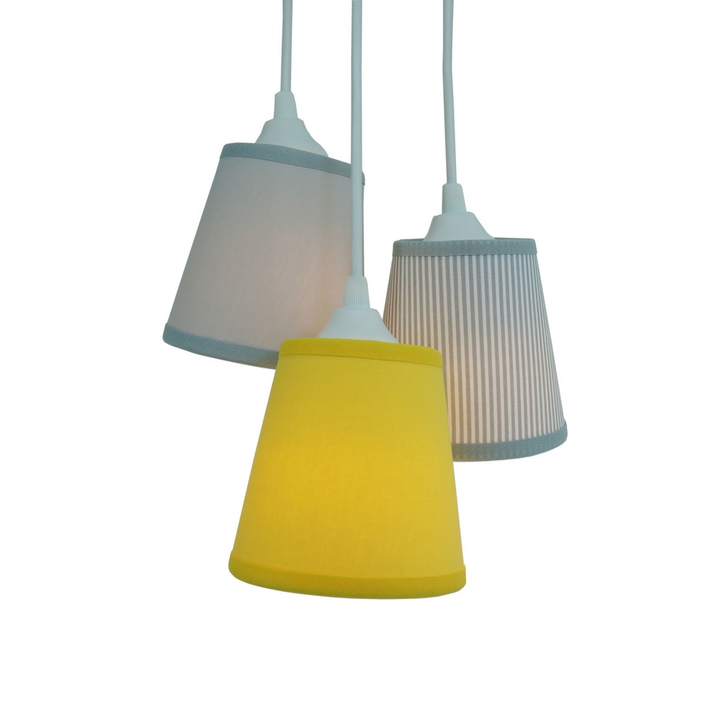 Lustre Pendente Luminária de Teto Cacho Triplo Revestida com Tecidos Amarelo e Cinza