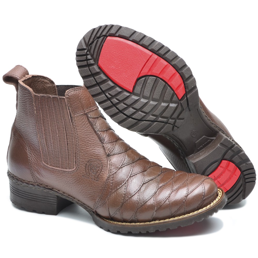 Botina Bota Masculina Escamada Em Couro Legítimo Cowboy Peão Bico Redondo Couro Nobre Antistress Confort Top