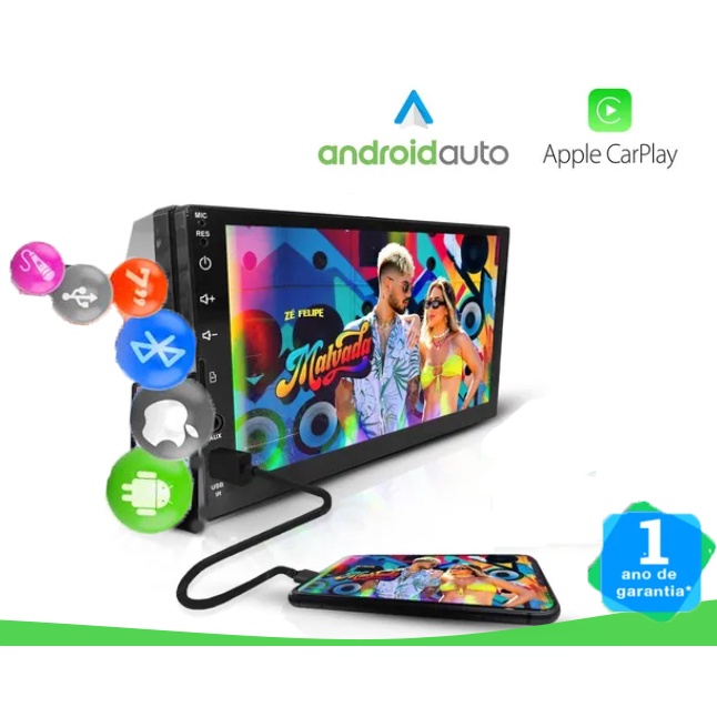 Central Multimidia Carplay AndroidAuto 1Din 7 Polegadas | Shopee Brasil