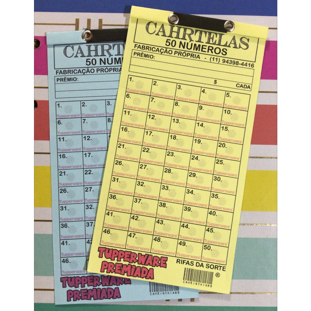 Cartela De Rifa Personalizada Tupper Color, 50 Números, Pct C/ 10 Unidades