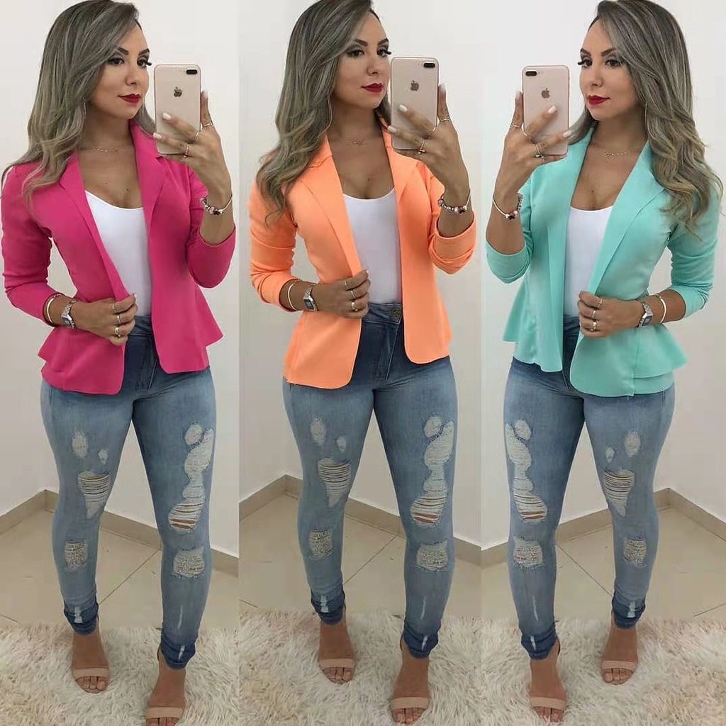 Blazer Feminino Neoprene Casaco curto com babado Terninho Social aberto em Oferta na Shopee