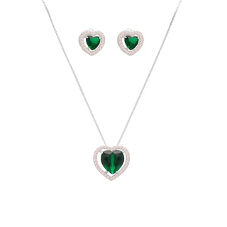Conjunto Colar E Brinco Coração Pedra Verde Folheado A Prata