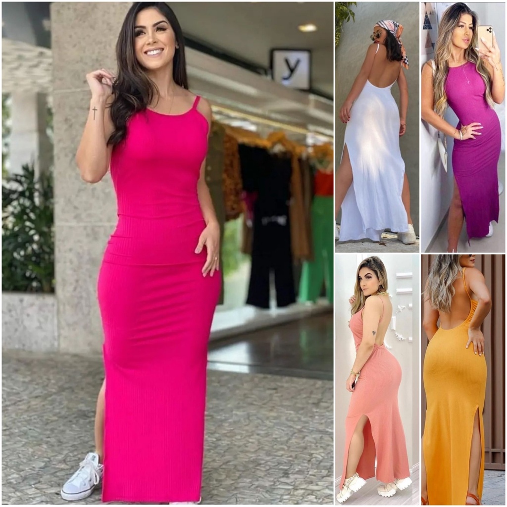 Vestido Longo Canelado Costa Nua Com Fendas Laterais Shopee Brasil