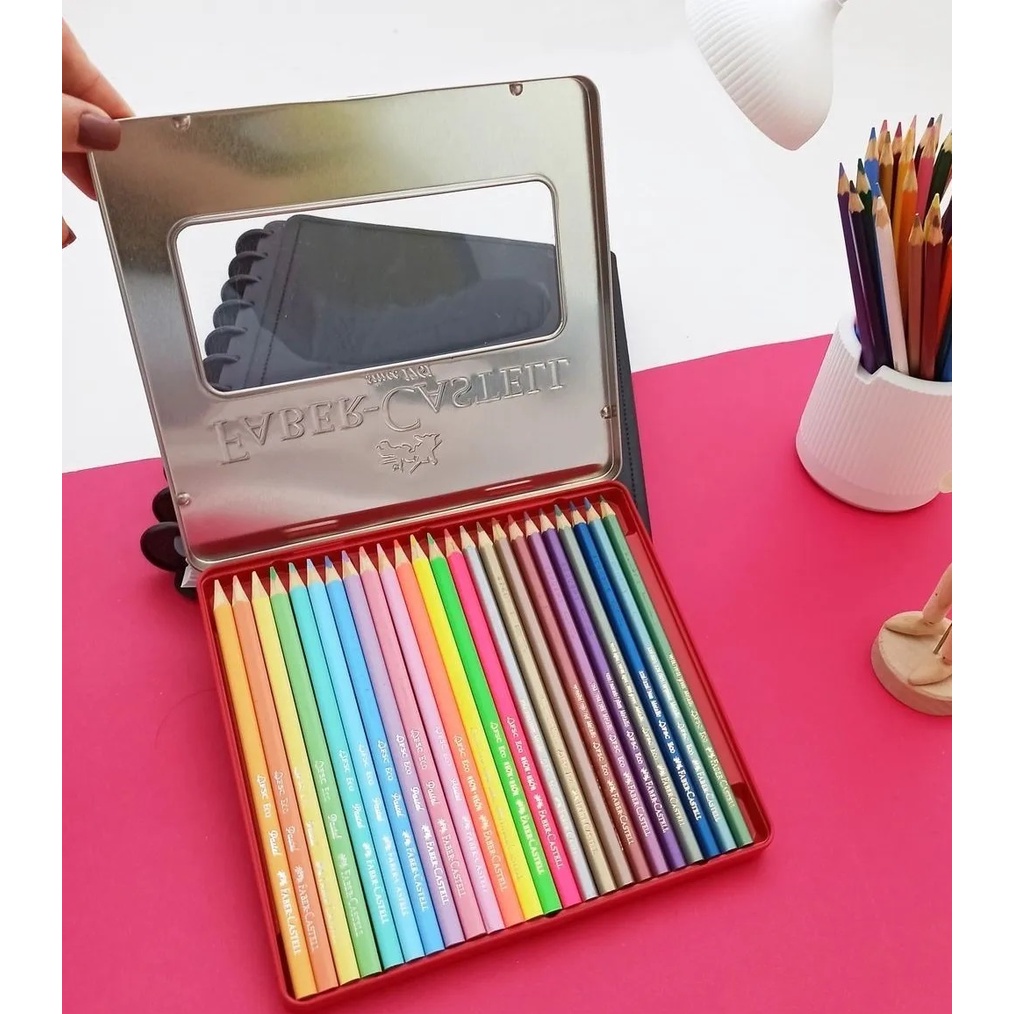 Estojo Lata 24 Lápis Faber-castell 10 Pastel 10 Metálicos 4 Neon