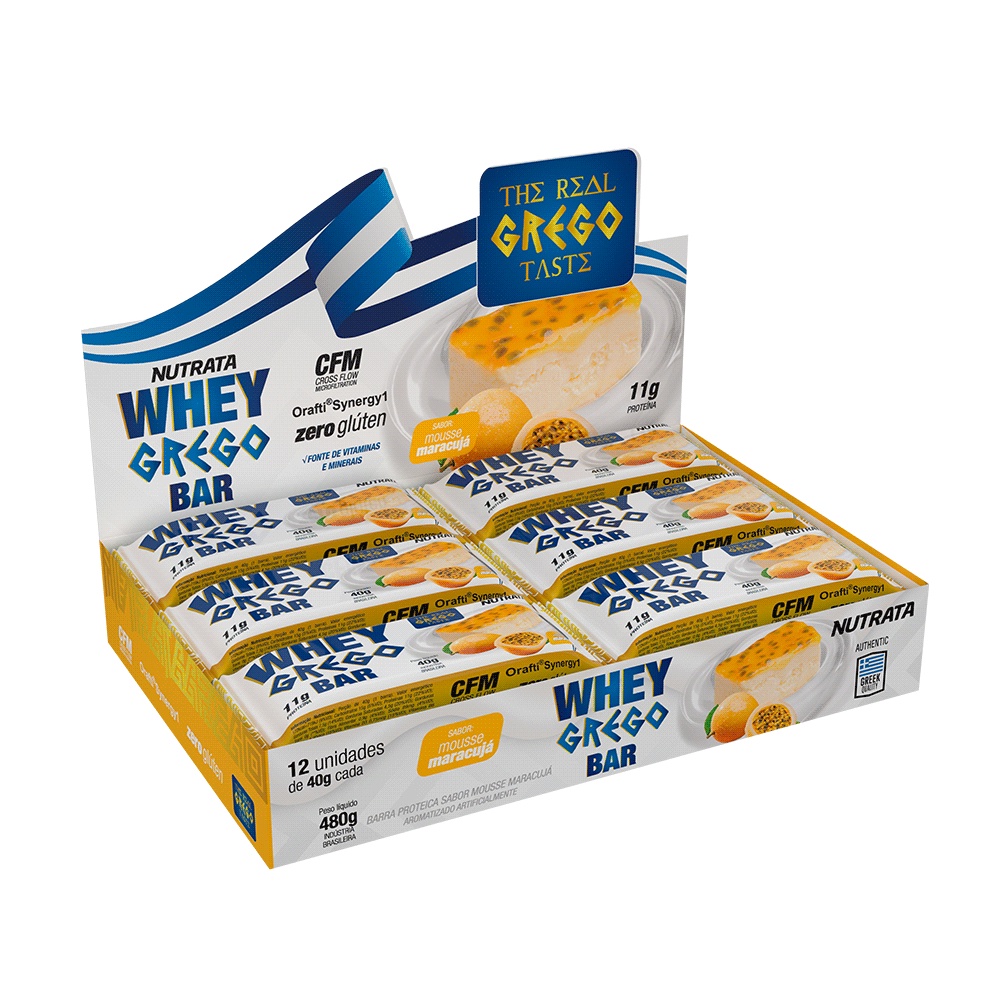 Whey Grego Bar sabor mousse de maracujá – 40 gr display com 12 barras Nutrata