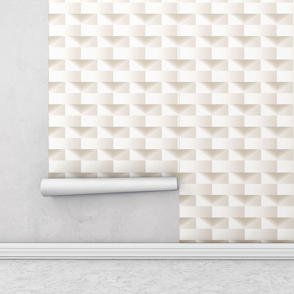 Papel de Parede 3D Tijolinho com efeito de sombras em Tons de Bege Para Sala e Quarto - Home & Living