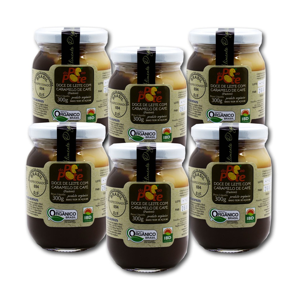 Doce de Leite com Caramelo de Café Orgânico 300g com Açúcar Sem Glúten Do Pé ao Pote kit com 6 potes