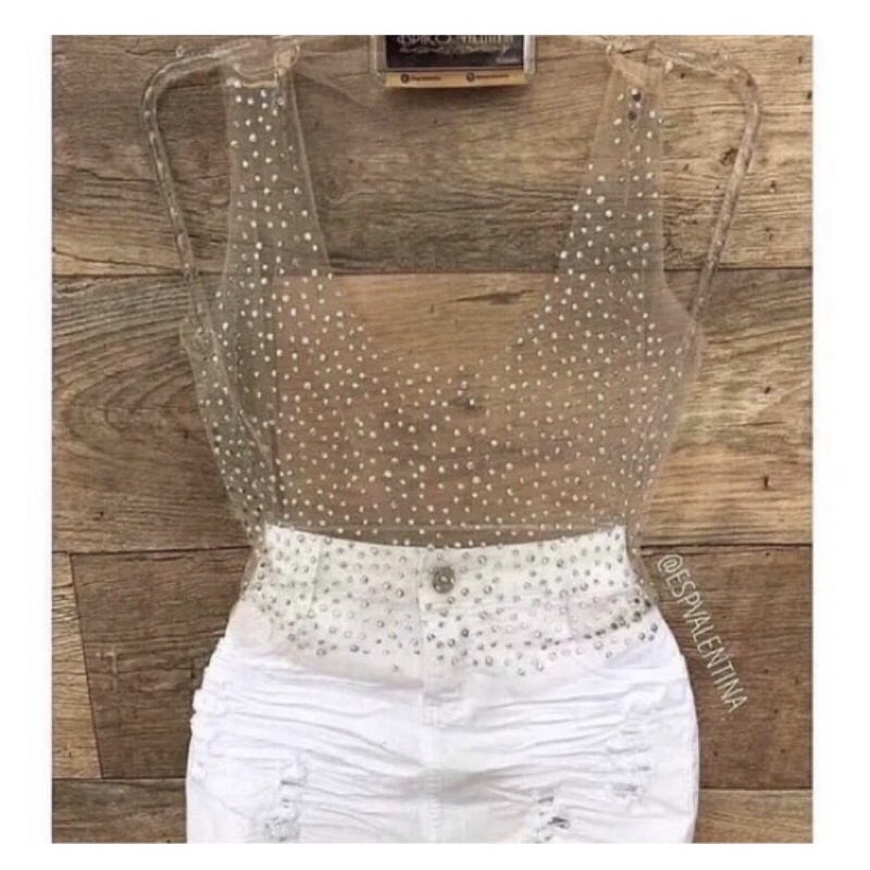 Cropped Blusa Feminino Tule Pedraria Verão