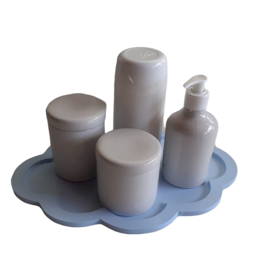 Kit Higiene Bebê Porcelana Branca Potes Garrafinha Porta Álcool em gel Bandeja Nuvem azul maternidade menina menino porta algodão cotonete