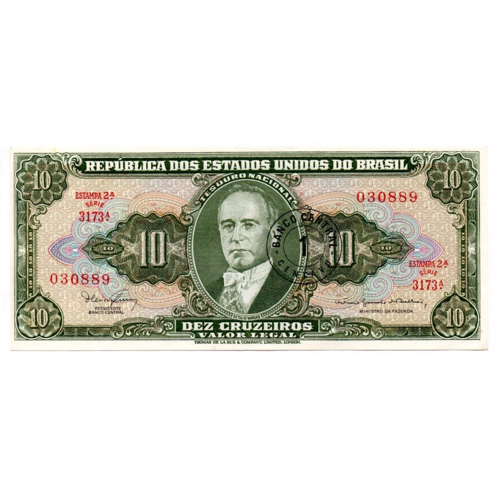 1 Centavo (Carimbo sob 10 Cruzeiros) 2° Estampa Getúlio Vargas C114 Série Aleatória Sob Cédula Antiga