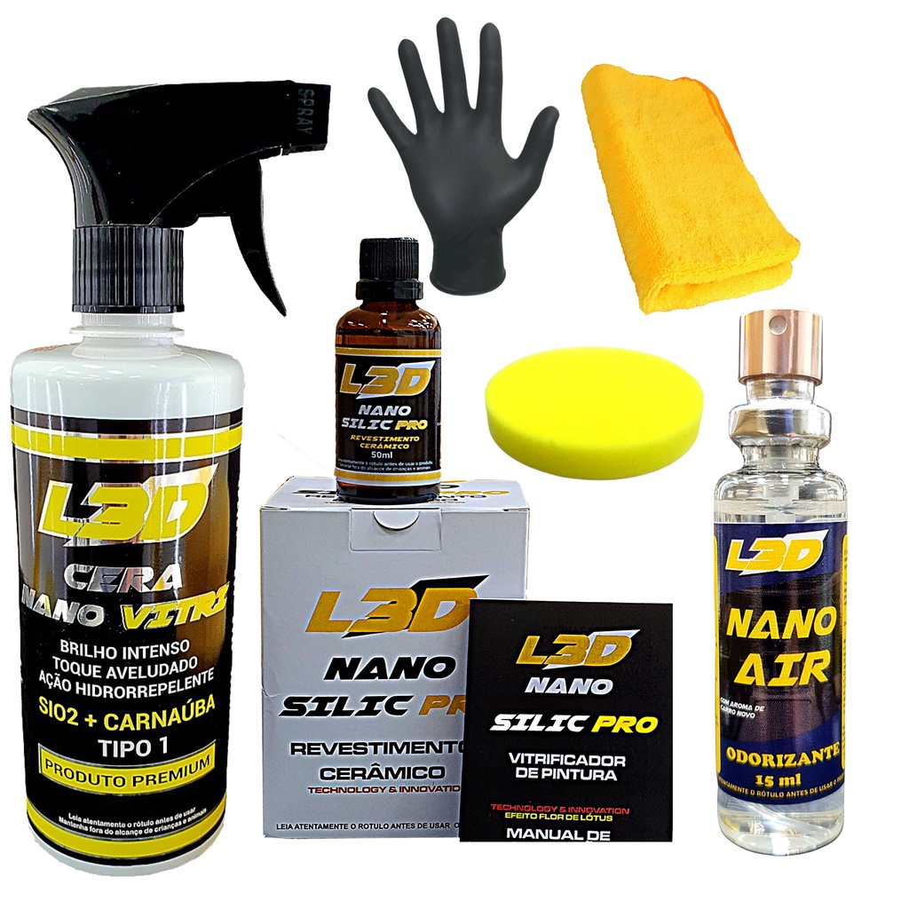 Cera Automotiva L3D + Vitrificador Automotivo +  Aromatizante Premium Em Spray + Flanela + Aplicador