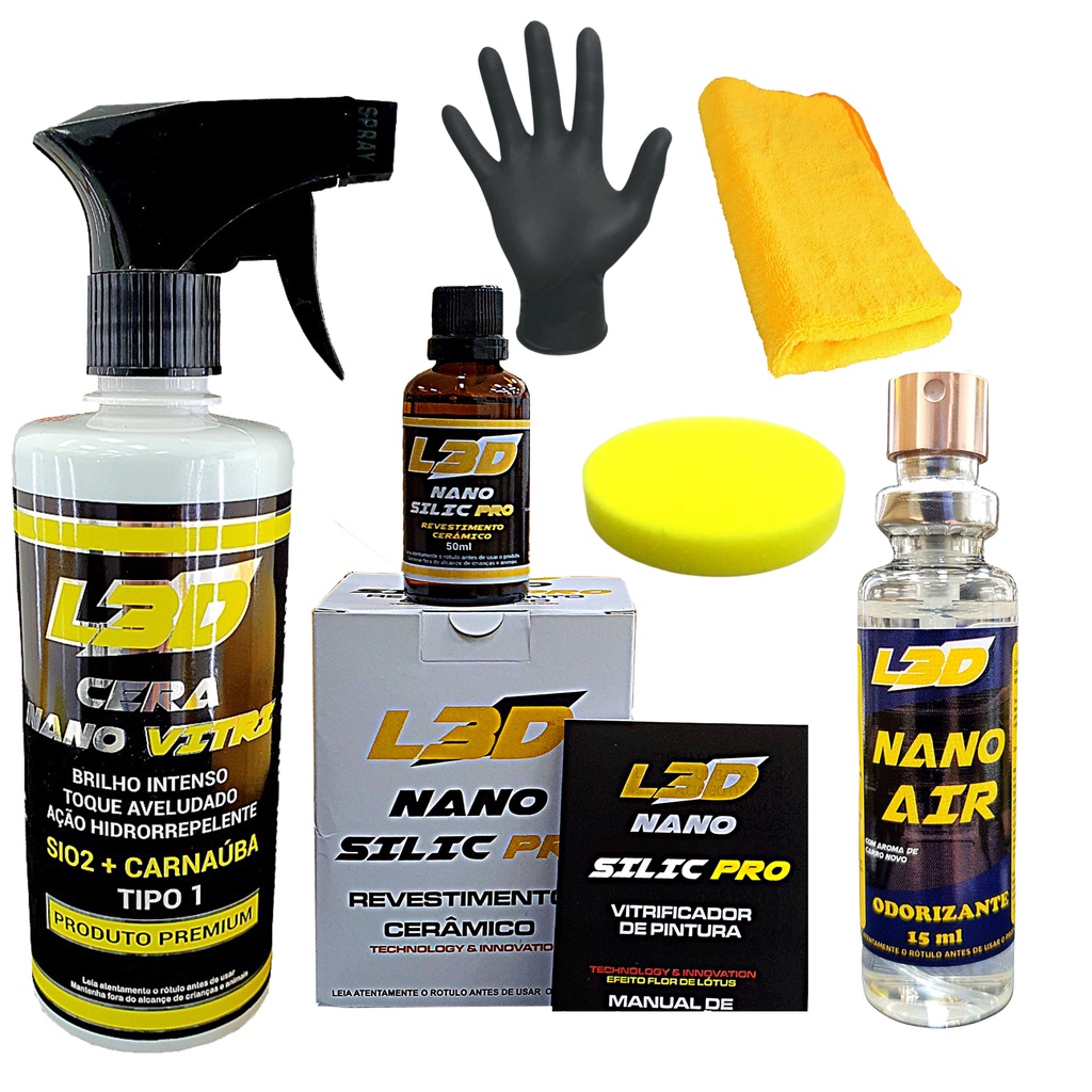 Cera Automotiva L3D + Vitrificador Automotivo + Aromatizante Premium Em Spray + Flanela + Aplicador