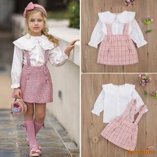 2-7 Anos Conjunto De Roupas Para Meninas , Peter Pan Collar Camisa De Manga Comprida + Saia Suspender Plaid em Oferta na Shopee