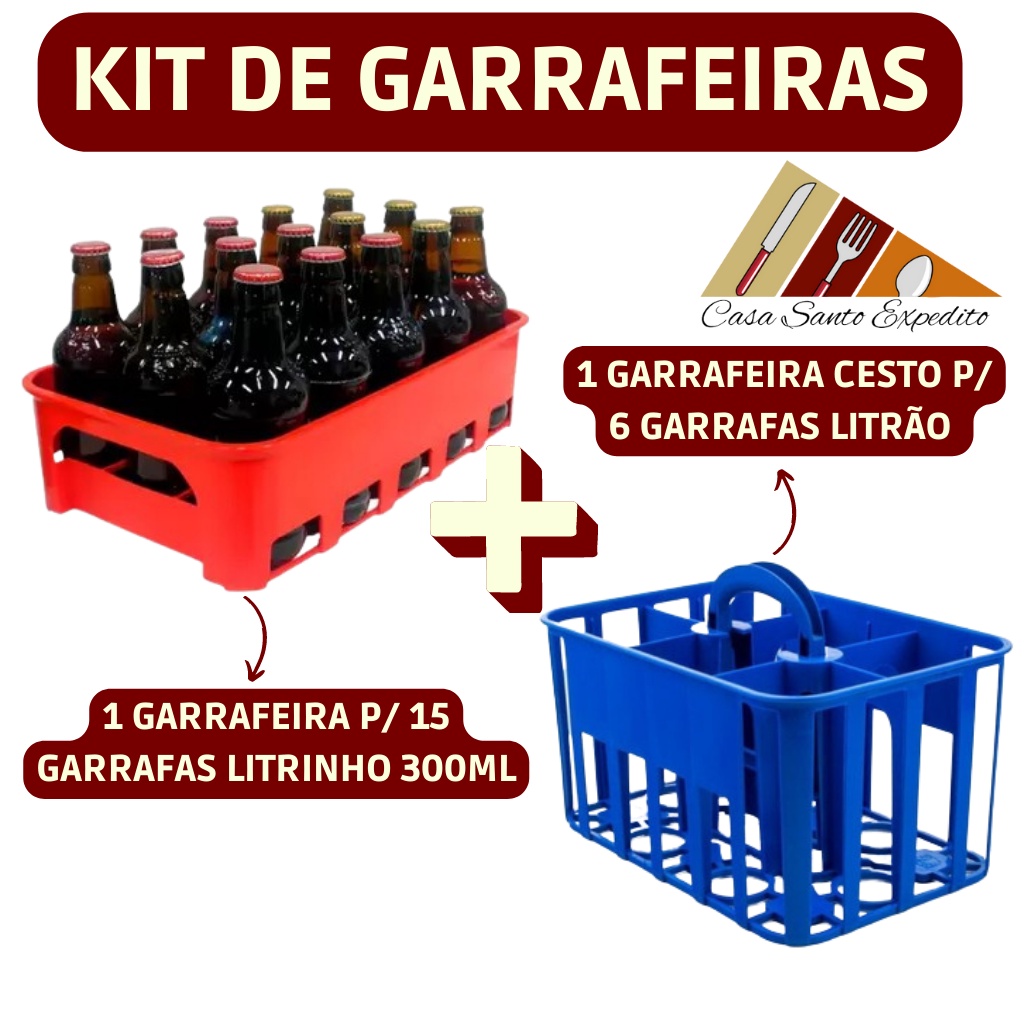 Conjunto Garrafeira Engradado Caixa P/ 15 Garrafas 300ml C/ Cesto Cerveja Litrão P/ 6 Garrafas (Envio Imediato)