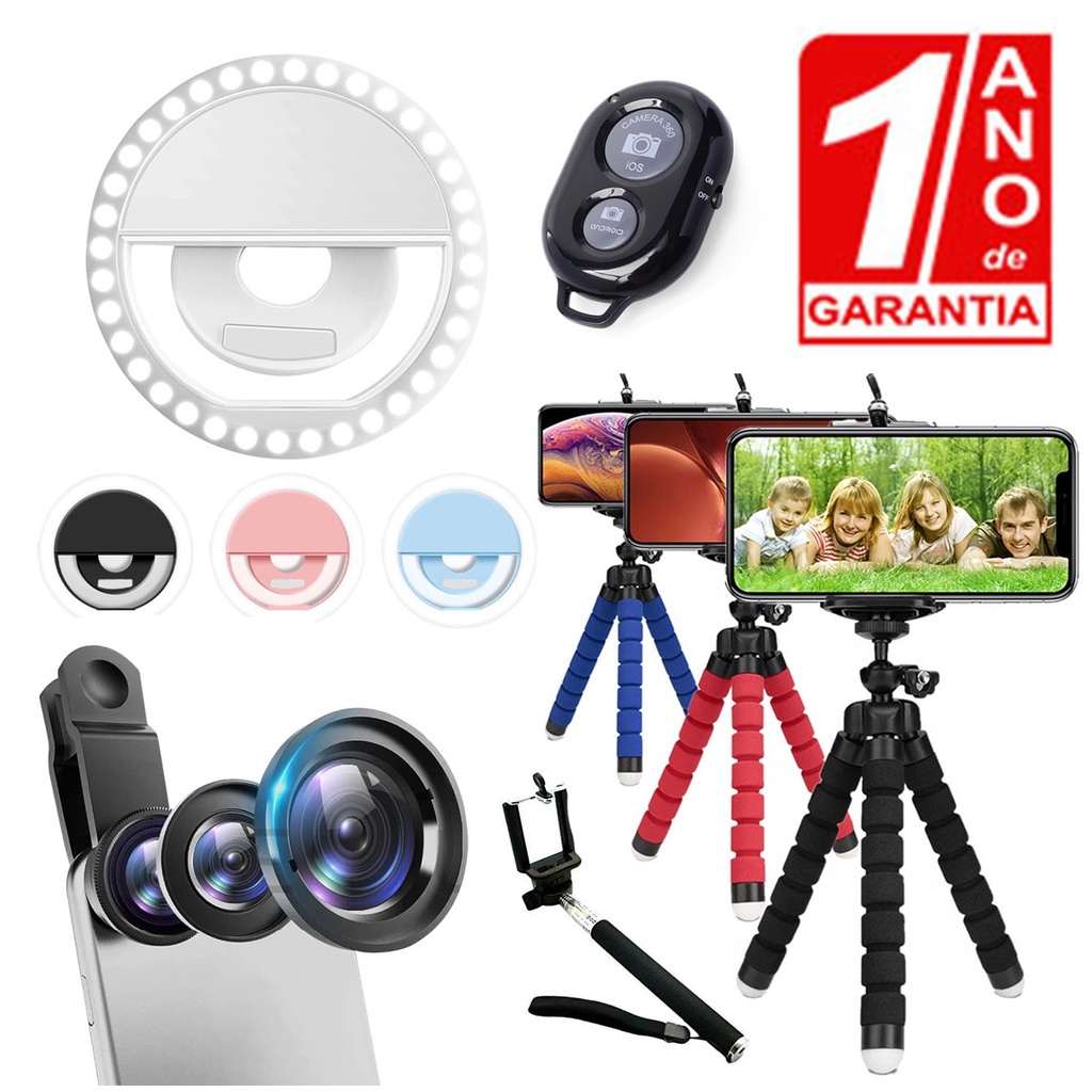 Kit Youtuber Iniciante Tripé + Bastão de Selfie + Lente Peixe + Ring Light para Celular