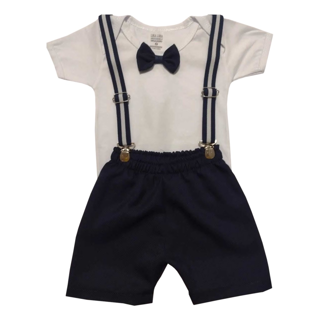 Kit Conjunto Bebê Batizado Menino Roupa Masculina Infantil Body Gravatinha + Shorts + Suspensório Festa Casamento Batismo Mesversário