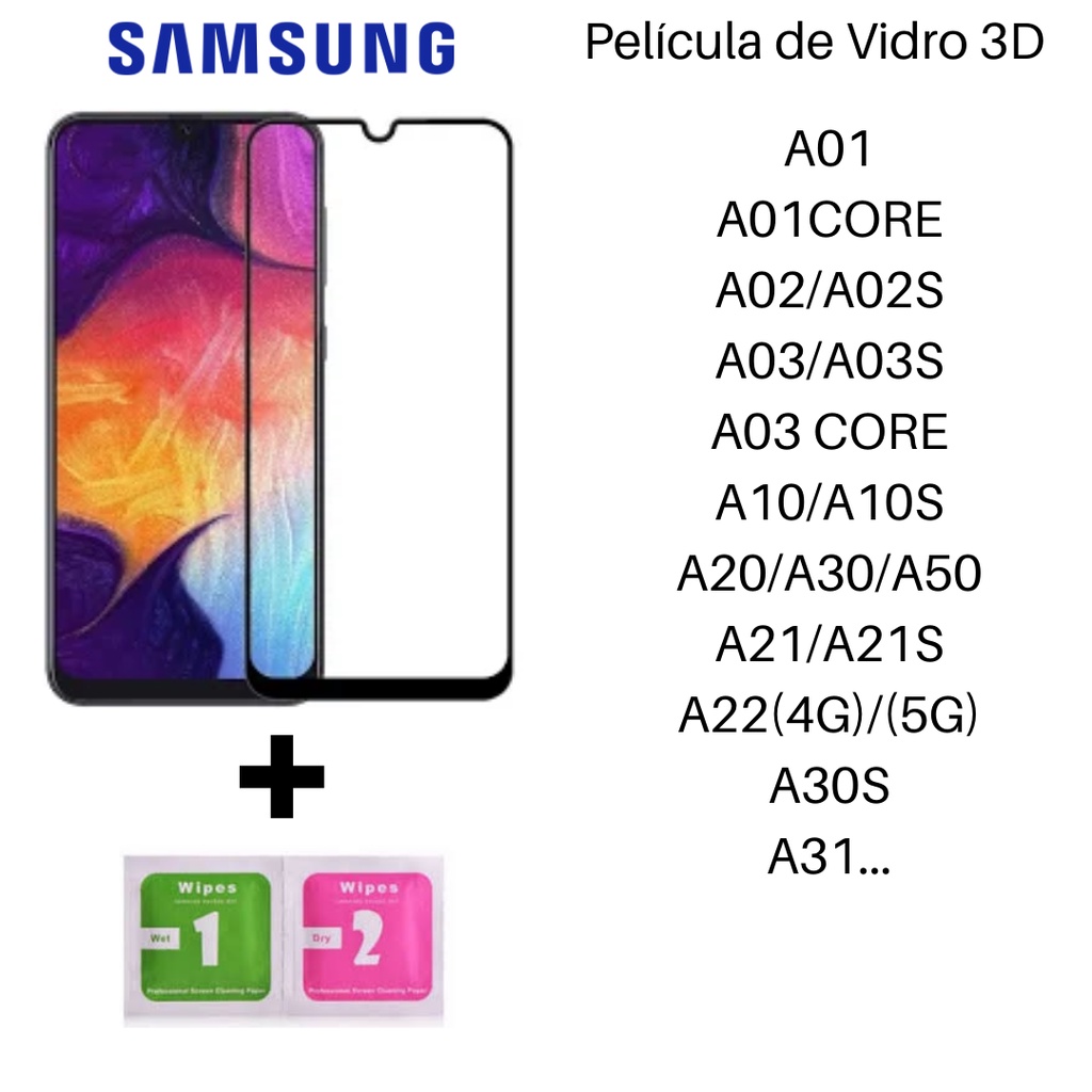 Película De Vidro 3d  Samsung galaxy A12/M12 A01 A02 AO2S A52 A03 A03s A10s A10 A13 A03core