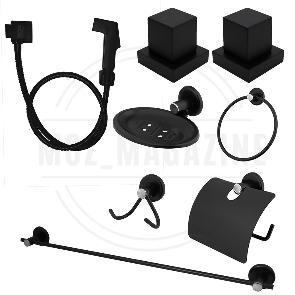 Kit Acessórios para Banheiro Preto Fosco Matte Completo Luxo LAVABO - KIT BANHEIRO PRETO + 1 DUCHA PRETA COD 850+ 2 Acabamento Quadrado 1/2 3/4 Registro Deca PRETO ABS