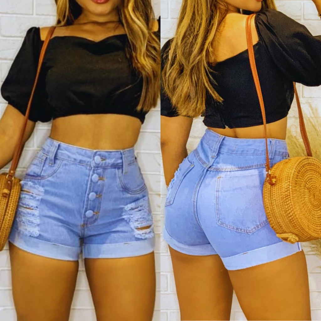 Short Feminino Jeans Bermuda Feminina Sem Lycra Hot Pant Botões Cobertos Destroyed em Oferta na Shopee