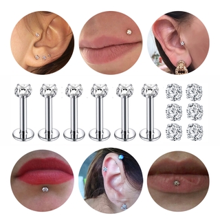 6 Pcs/Lot 16G Conjunto De Perfurações Labiais De Aço Inoxidável Labret 3/4/5/6MM CZ Cristal Orelha Cartilagem Tragus Helix Conch Piercings Jóias