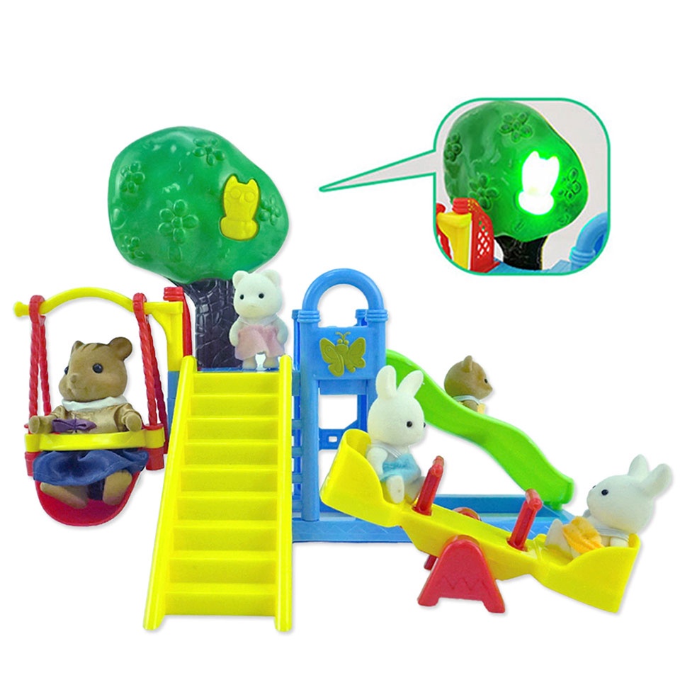 Floresta Família Parque Infantil Gangorra Coelho Marrom Panda Casa de Boneca Cena Miniatura Luz Inclinada Gangorra Presente Brinquedo Garota