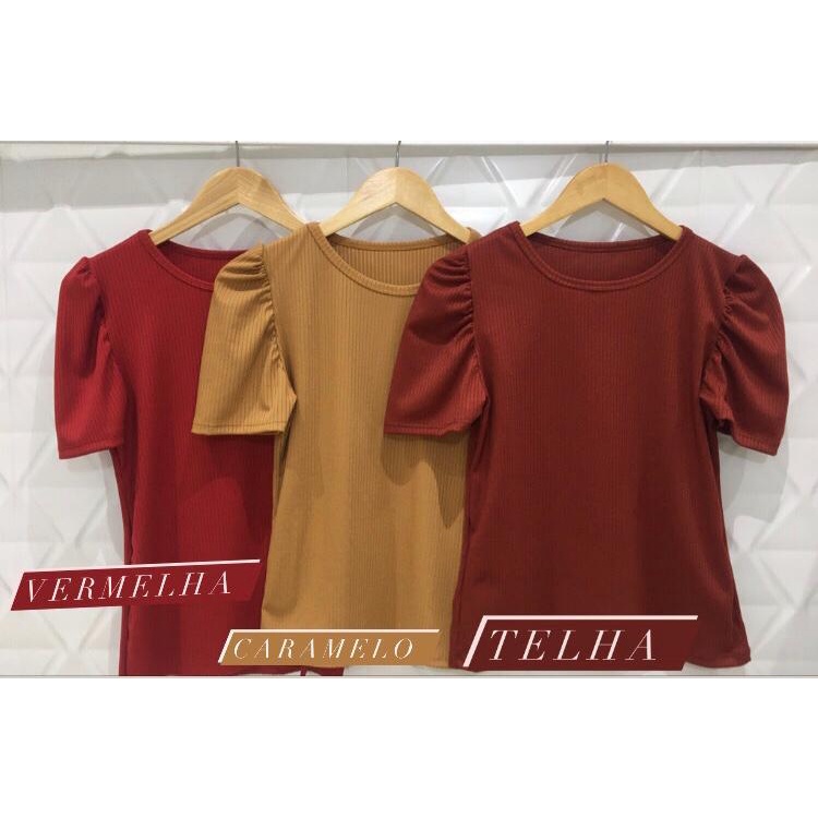 Blusa feminina manga bufante princesa curta malha canelada com elastano promoção fashion
