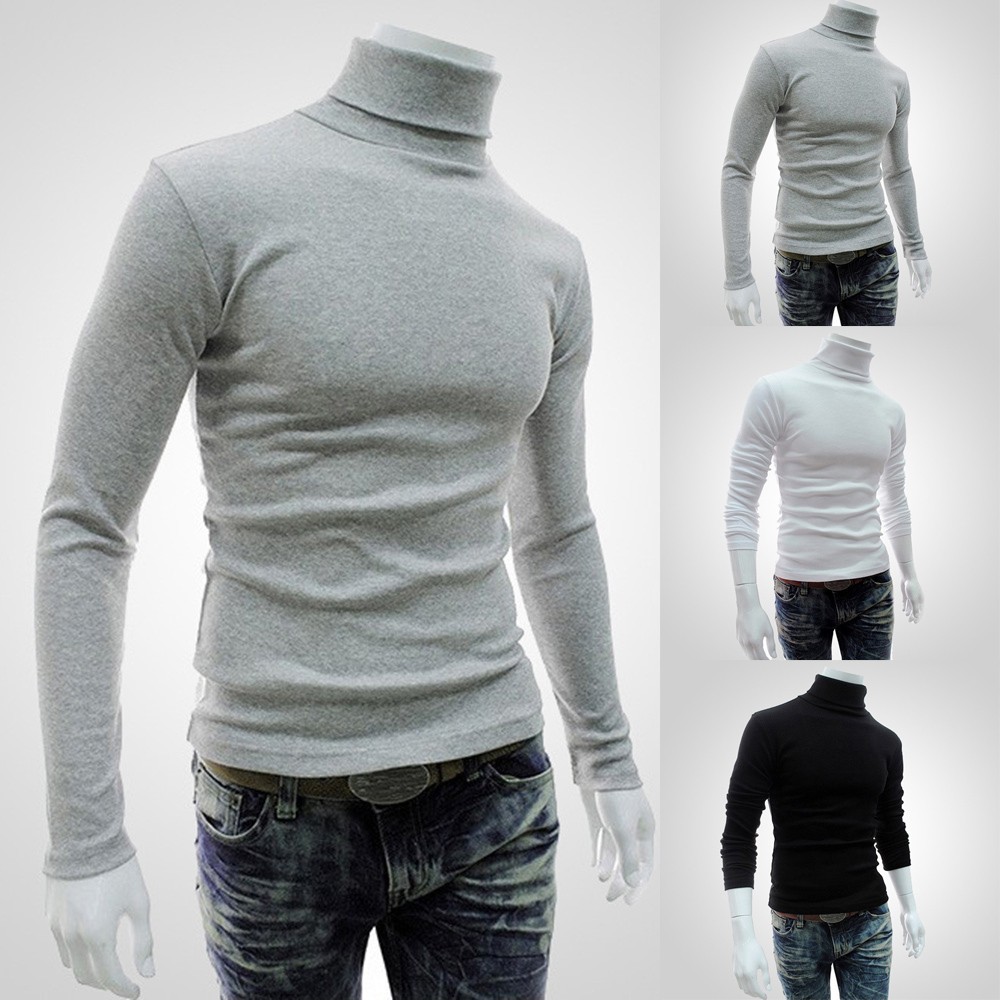 Masculino Slim Gola Alta Manga Longa Tops Pulôver Calça Stretch Malha Suéter