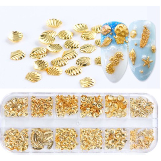 Kit 12 Glitter Metal Unha Decoração 3D Sereia Estrela Do Mar Nails Encapsulamento Pronto Entrega