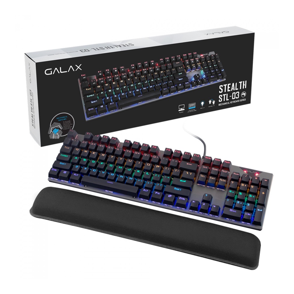 Teclado Gamer Mecânico Galax Stealthy Stl-03 Blue Rgb Metal Apoio de Pulso Preto Kgs0314t1mr1bbk0