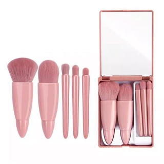 Mini Espelho Portátil Com 5 Pinceis de Maquiagem Rose