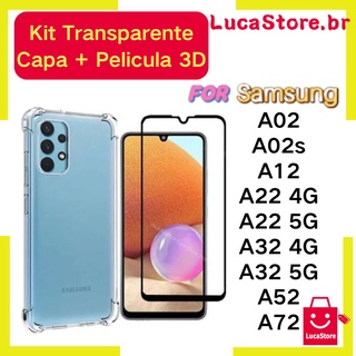 Kit Capa Transparente Anti Shock Samsung A02 / A02s / A12 / A22 / A32 / A52 / A72 + Pelicula 3D Vidro Anti Queda