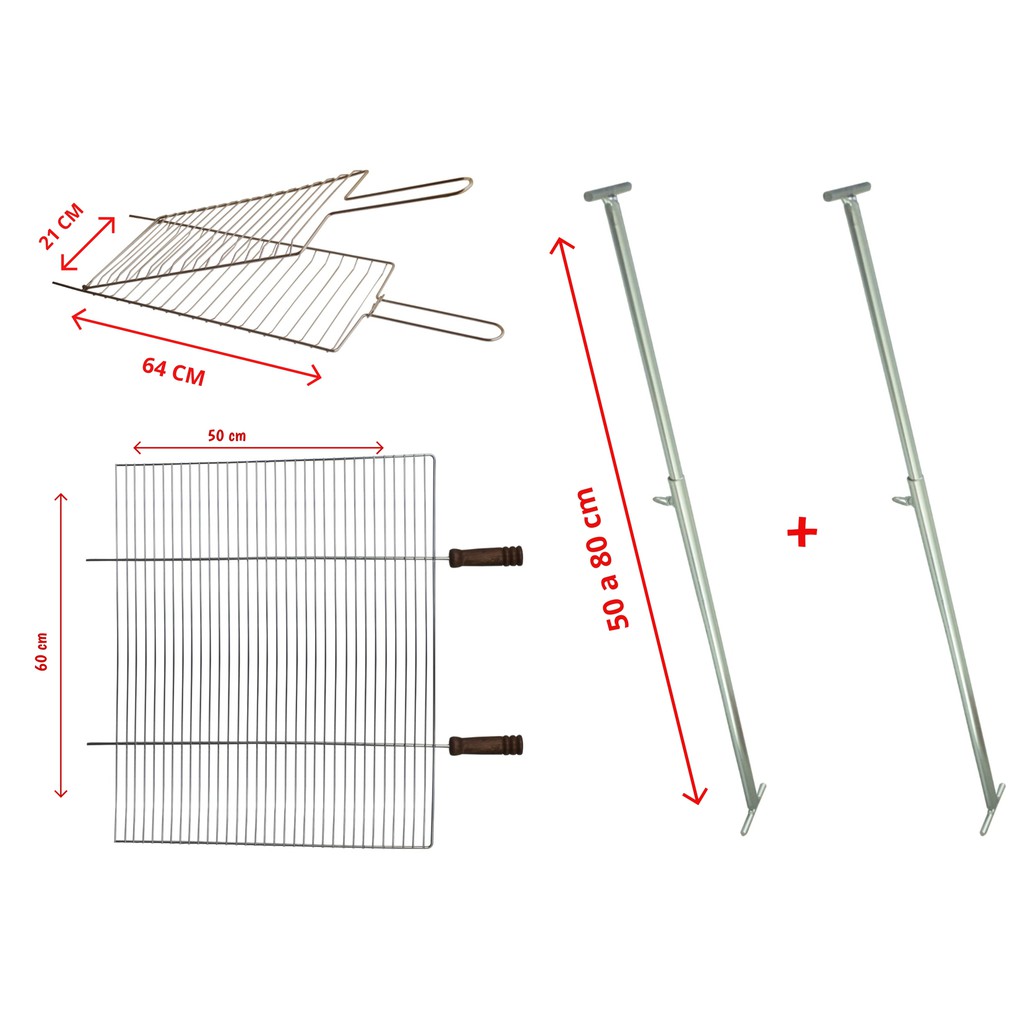 Kit Churrasqueira Grelha Grande + Grelha Dupla Abaulada Média + Suporte Extensor Ajustável 5003/5102A/5500