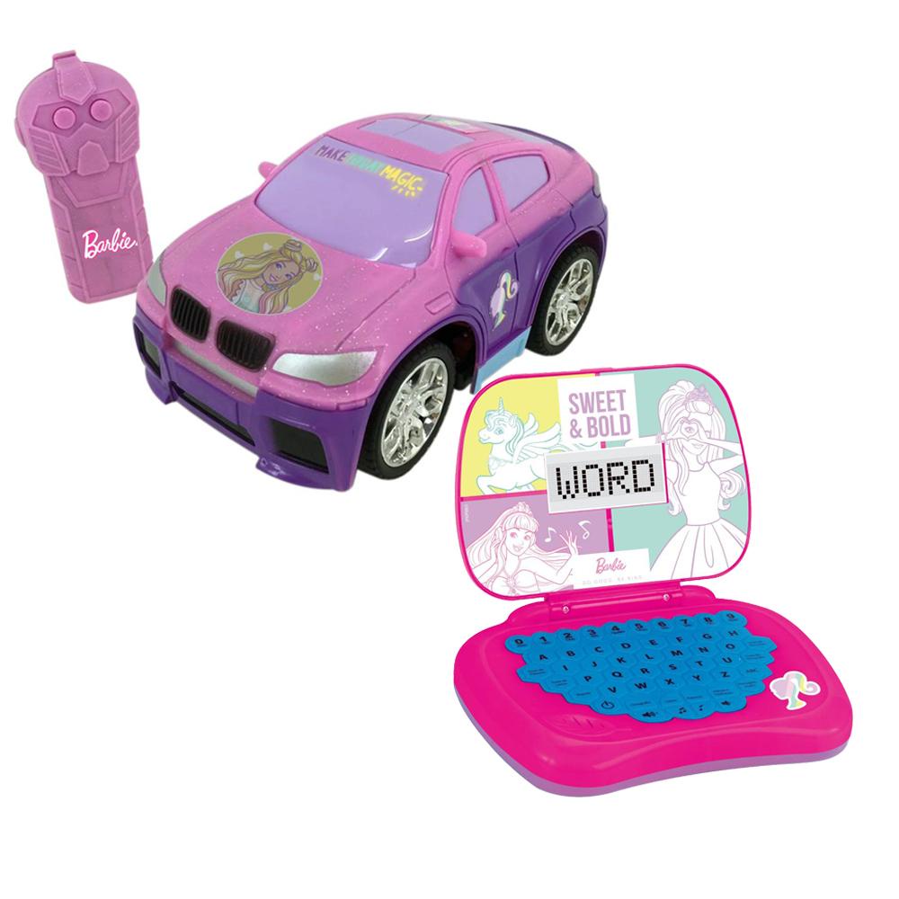 KIT Barbie - Carro De Controle Remoto Barbie Style Machine 3 Funções + Laptop Bilíngue