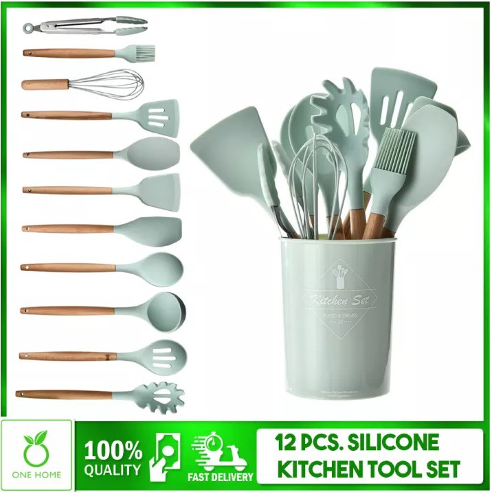 Jogo Kit 12 Colheres De Silicone Cabo De Madeira 12 Peças Utensilios Cozinha Livre BPA Decoraçao