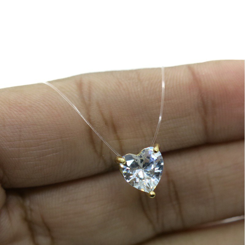 Gargatilha fio de nylon Invisivel  com pingente Coração Zircônia 8x8mm Banhado a Ouro Antialérgico com caixa Presente.