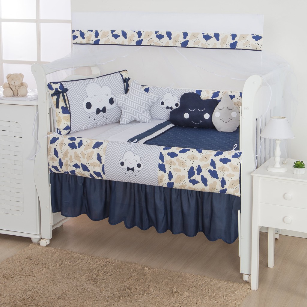 Kit Protetor Berço 12pç Doce Céu Nuvem Menino C/ Saia