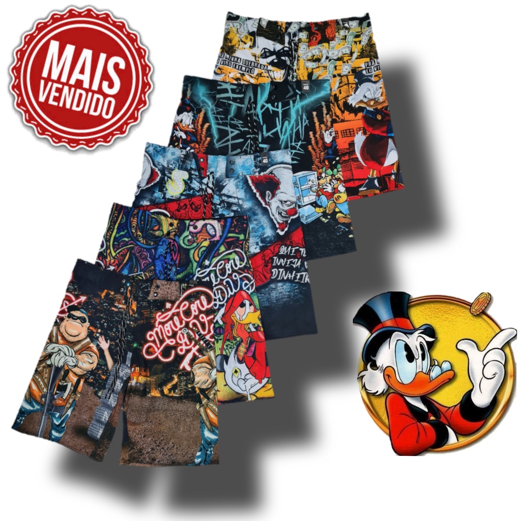 KIT 5 Bermudas Elastano tio patinhas Irmão Metralha direto da fabrica com elastano seca rápido tecido molinho