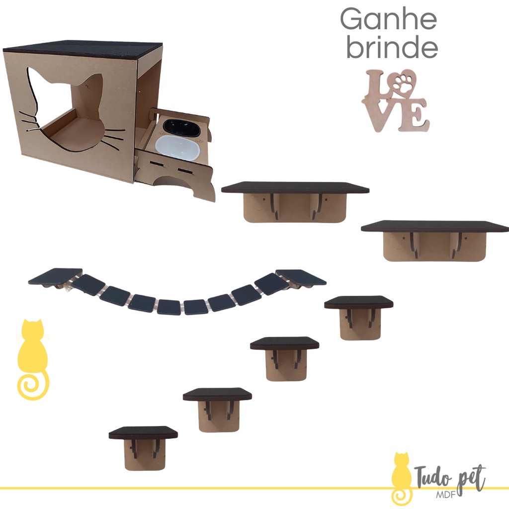 Kit Playground Para Gato 9 Pçs Mdf Com Carpete Toca Casa Para Gato Comedouro Ponte Prateleira Degrau