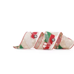 Fita Aramada Natural com Carro Natalino Vermelho 6,3cm x 9,14m - 01 unidade - Cromus Natal - Rizzo
