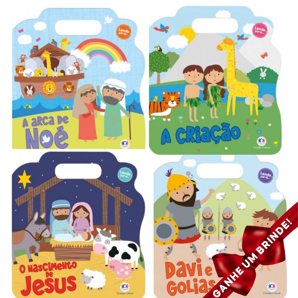 Kit 4 Livros Bíblicos Infantís - Davi e Golias - O Nascimento de Jesus - A arca de Noé - A Criação