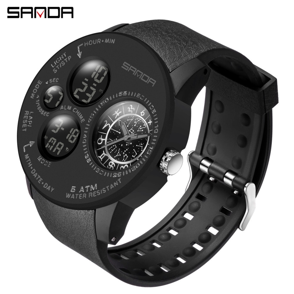 SANDA Top Marca De Luxo Moda Masculina Esportes Relógio De Quartzo À Prova D'água Homens Dual Display Militar