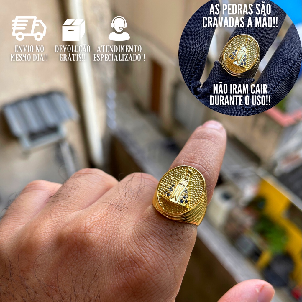 Anel Masculino De Ouro Nossa Senhora Com Pedras Banhado a Ouro 24k Cravejado Dedeira