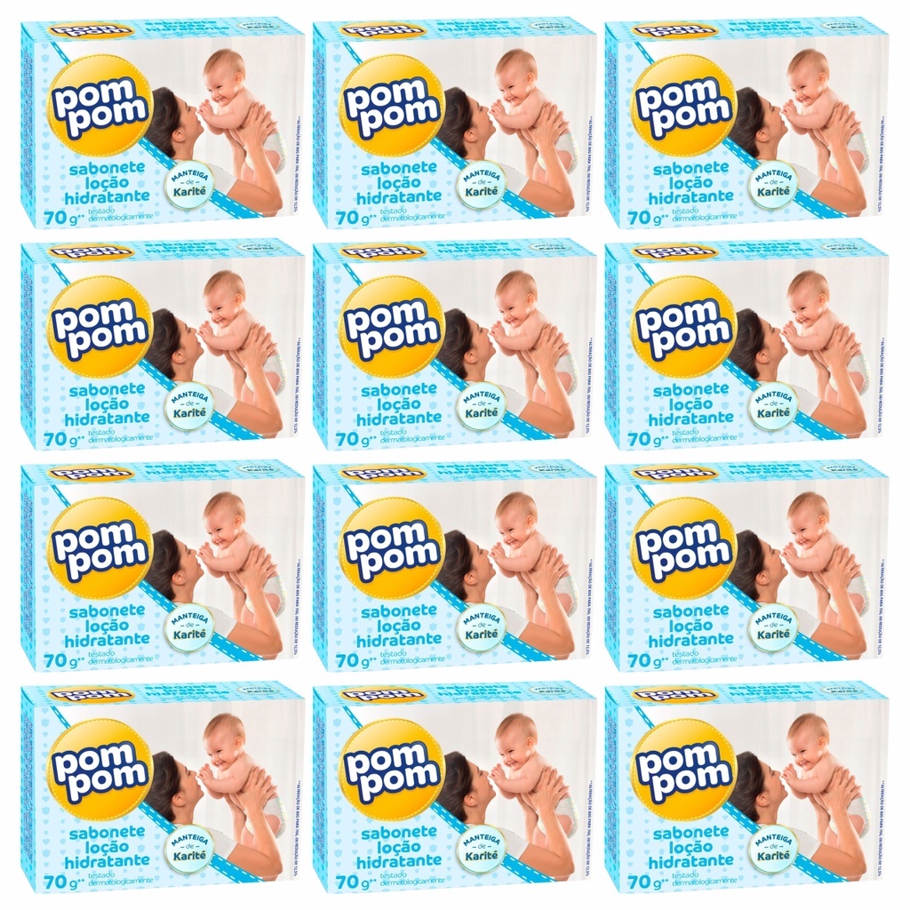 Kit 12 Sabonete Barra Infantil Pom Pom Loção Hidratante 70g