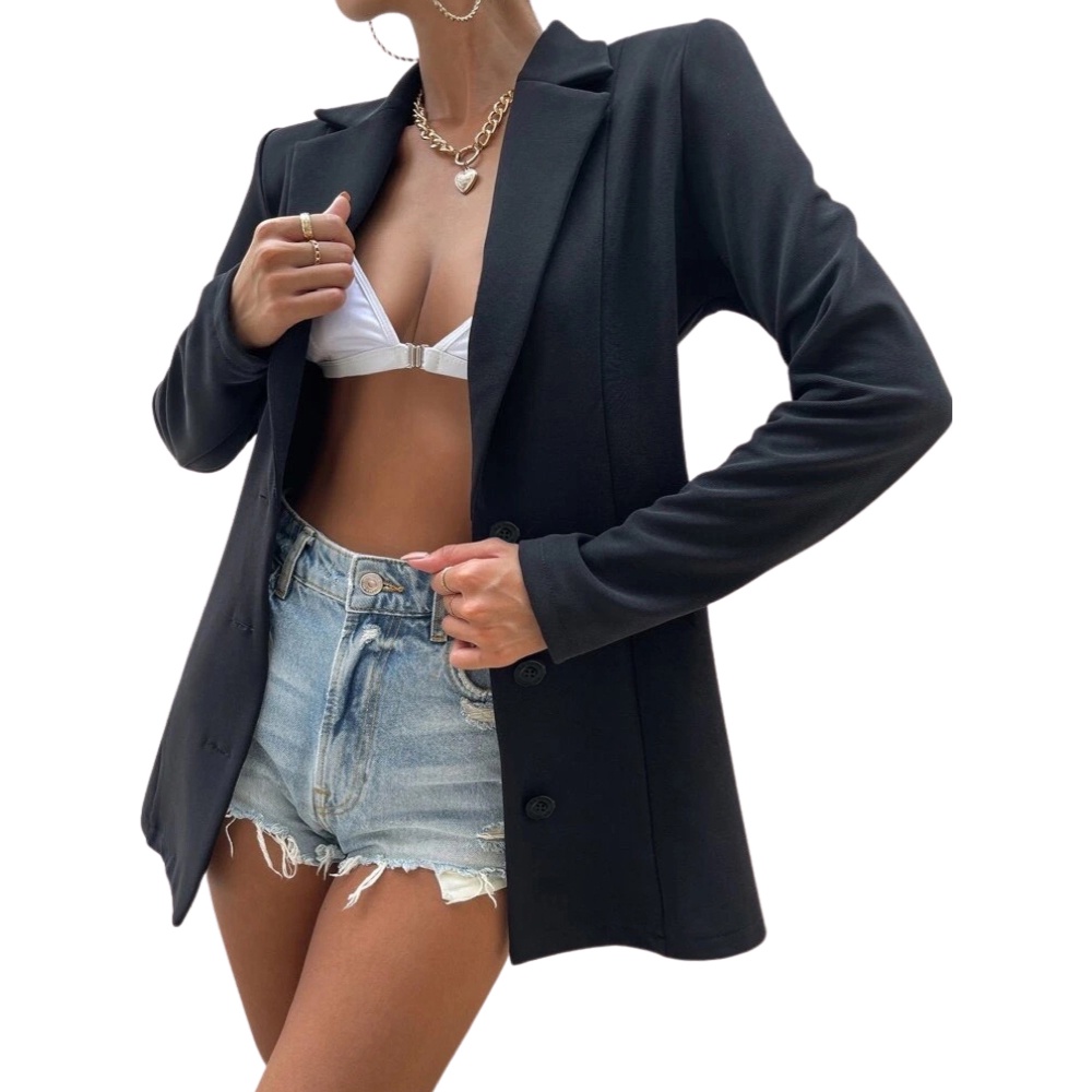 Blazer Feminino Acinturado Casaco Jaqueta - Preto